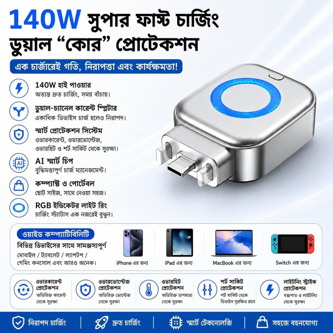 🔋⚡ 140W Ultra-Fast Charging Adapter |🚀 এখন চার্জ হবে আরও দ্রুত, আরও নিরাপদ!