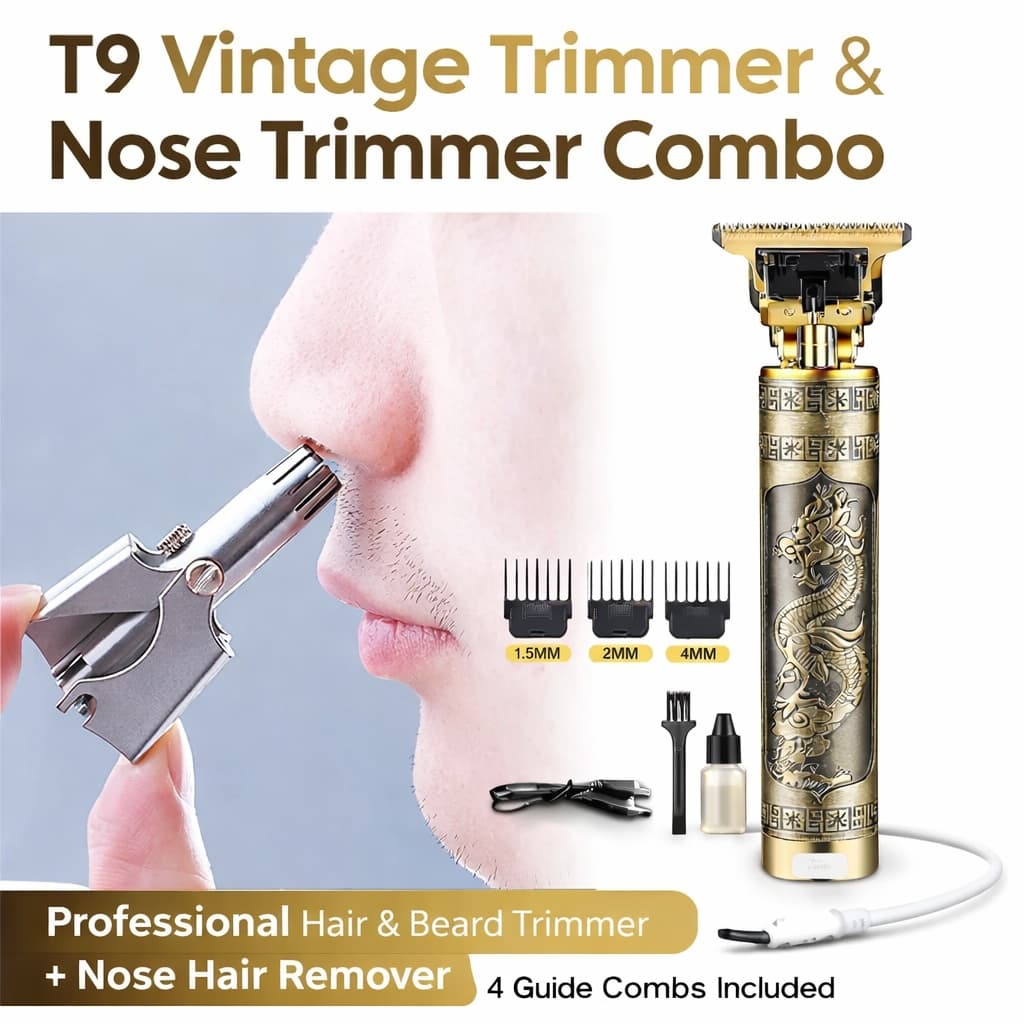 T9 Vintage Hair Trimmer + Manual Nose Hair Trimmer Combo – Professional Grooming Kit for Men